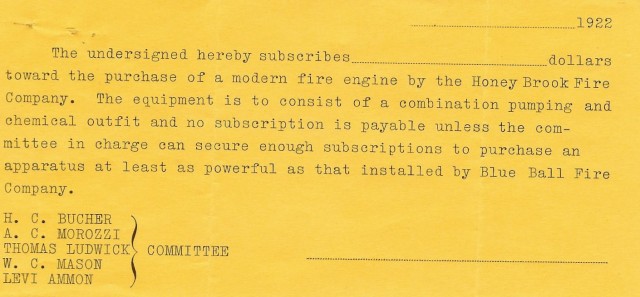 ...A subscription note from 1922 that would be sent back to the Fire Company with a donation towards the eventual purchase of the 1923 Reo pumper.