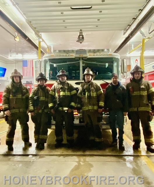 Crew of Engine 33-1 from left to right: LT. Plank, A. King, J. Davis, Chief Kern, Chief Engineer K. Jackson Jr. and W. Fester. 